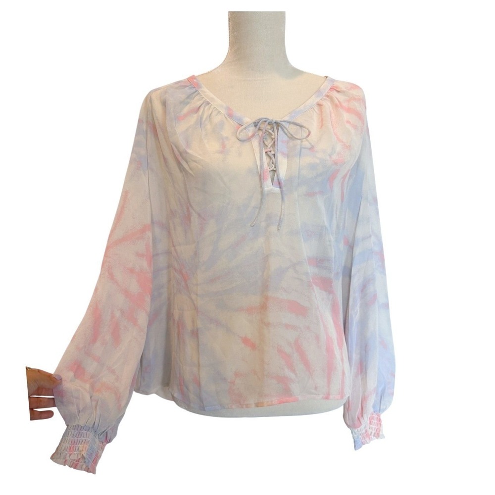 ModCloth Ethereal Tie-Dye Pastel Boho Peasant Chiffon Blouse Top Fairy Cottage M